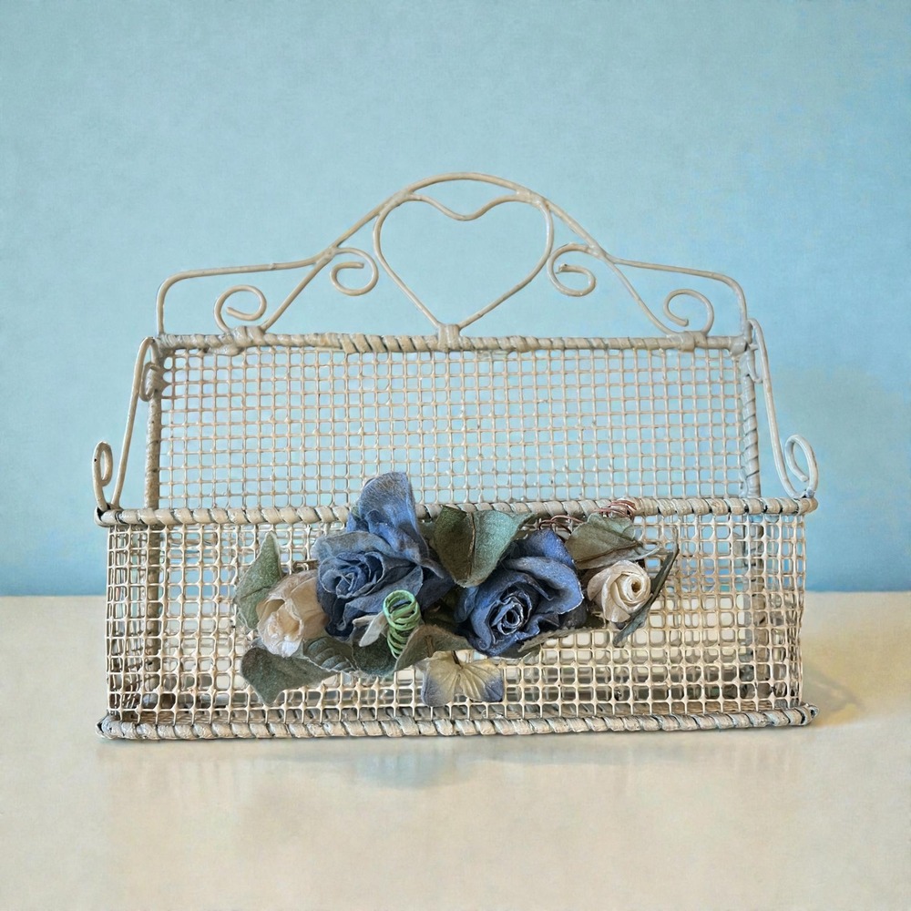 Vintage Cottagecore Cream Wire Wall Basket Heart Rosette Mail Organizer